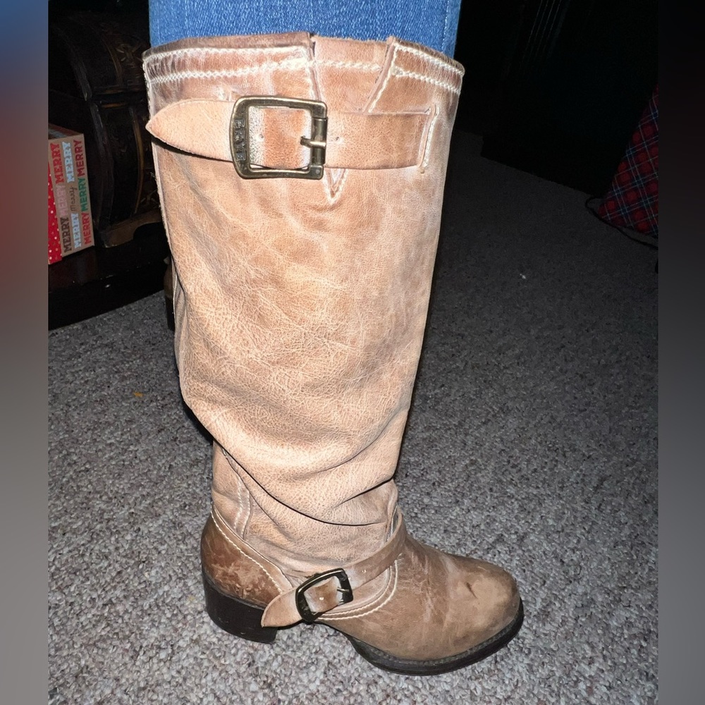 Frye Tan Leather Mid-Calf Buckle Boots